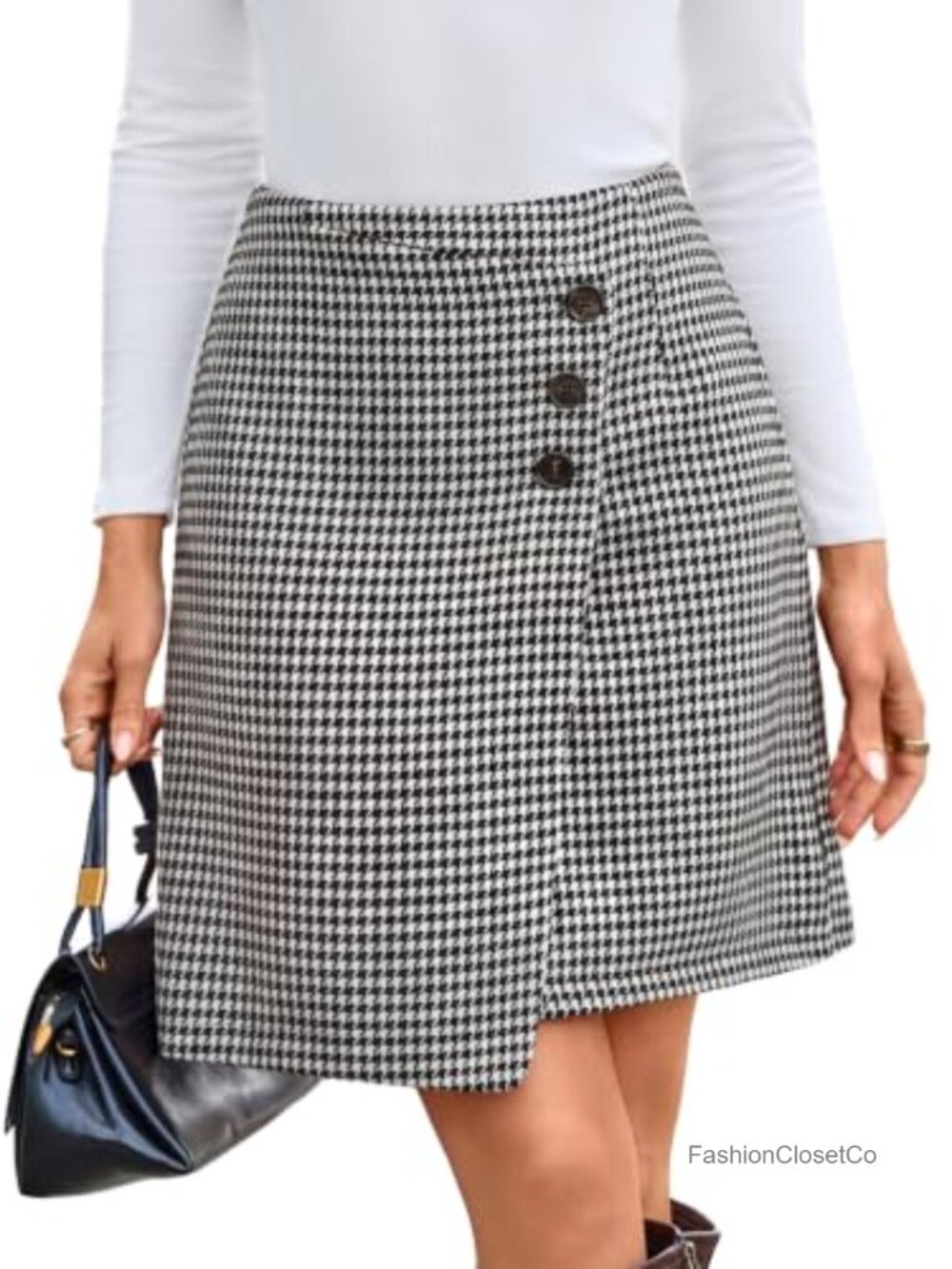 High Waist Houndstooth Plaid A-Line Mini Skirt